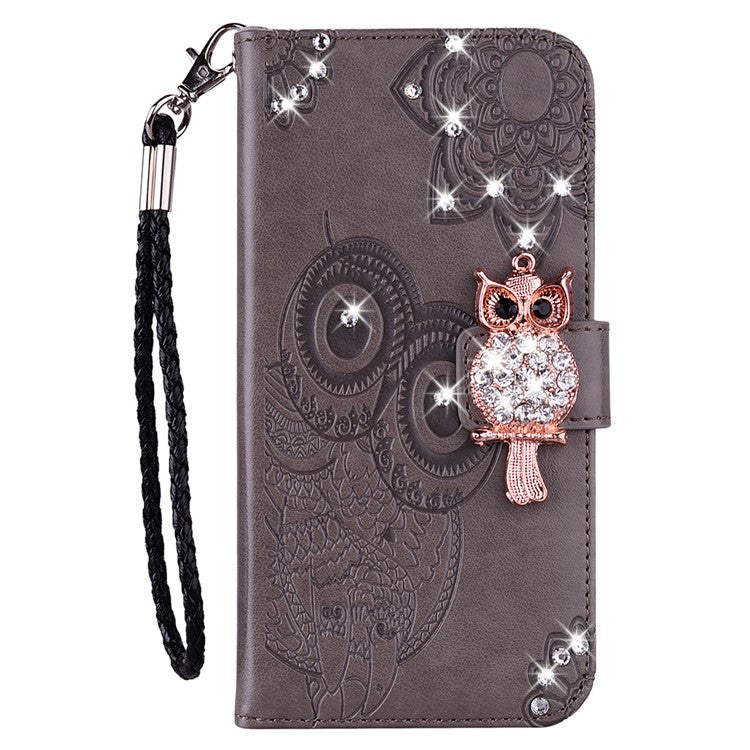 Rhinestone Decor PU Leather Shell Wallet Stand Owl Flower Imprinting Phone Case Cover with Strap for Motorola Moto G31 4G/G41 4G - Grey