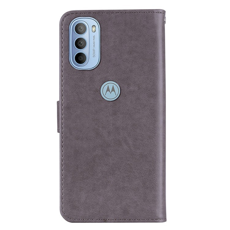 Rhinestone Decor PU Leather Shell Wallet Stand Owl Flower Imprinting Phone Case Cover with Strap for Motorola Moto G31 4G/G41 4G - Grey