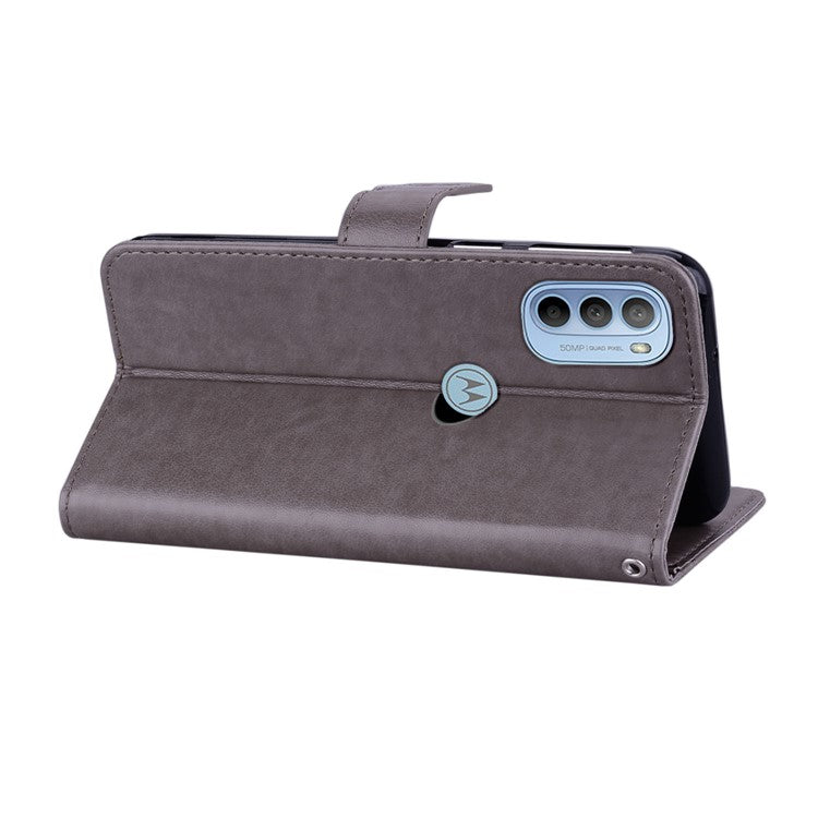 Rhinestone Decor PU Leather Shell Wallet Stand Owl Flower Imprinting Phone Case Cover with Strap for Motorola Moto G31 4G/G41 4G - Grey
