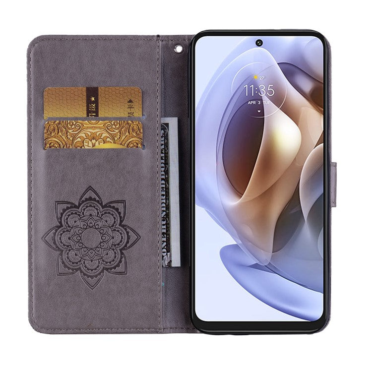 Rhinestone Decor PU Leather Shell Wallet Stand Owl Flower Imprinting Phone Case Cover with Strap for Motorola Moto G31 4G/G41 4G - Grey