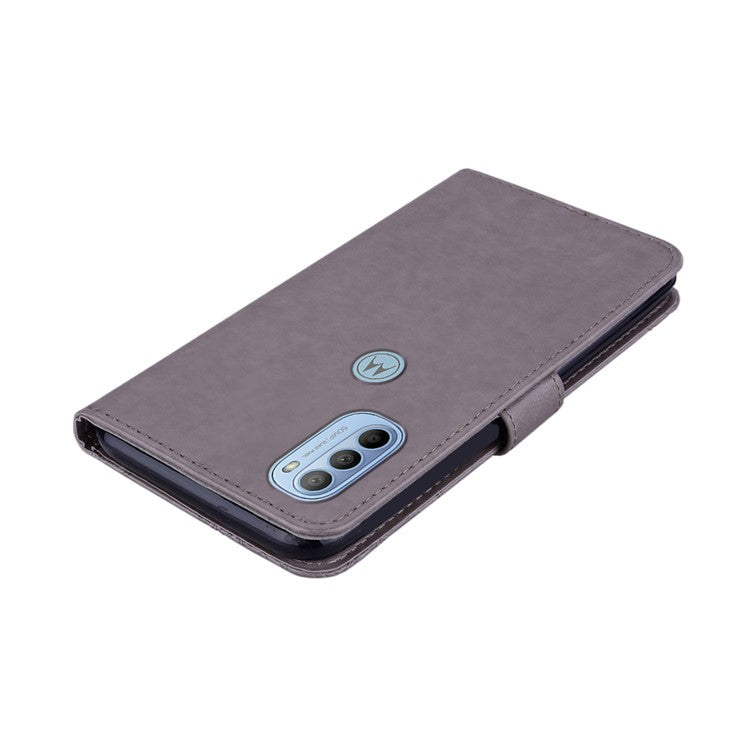 Rhinestone Decor PU Leather Shell Wallet Stand Owl Flower Imprinting Phone Case Cover with Strap for Motorola Moto G31 4G/G41 4G - Grey