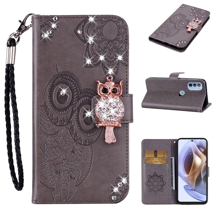 Rhinestone Decor PU Leather Shell Wallet Stand Owl Flower Imprinting Phone Case Cover with Strap for Motorola Moto G31 4G/G41 4G - Grey
