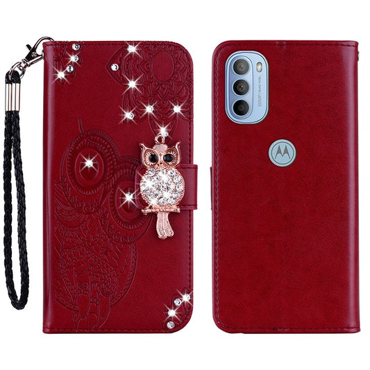 Rhinestone Decor PU Leather Shell Wallet Stand Owl Flower Imprinting Phone Case Cover with Strap for Motorola Moto G31 4G/G41 4G - Red