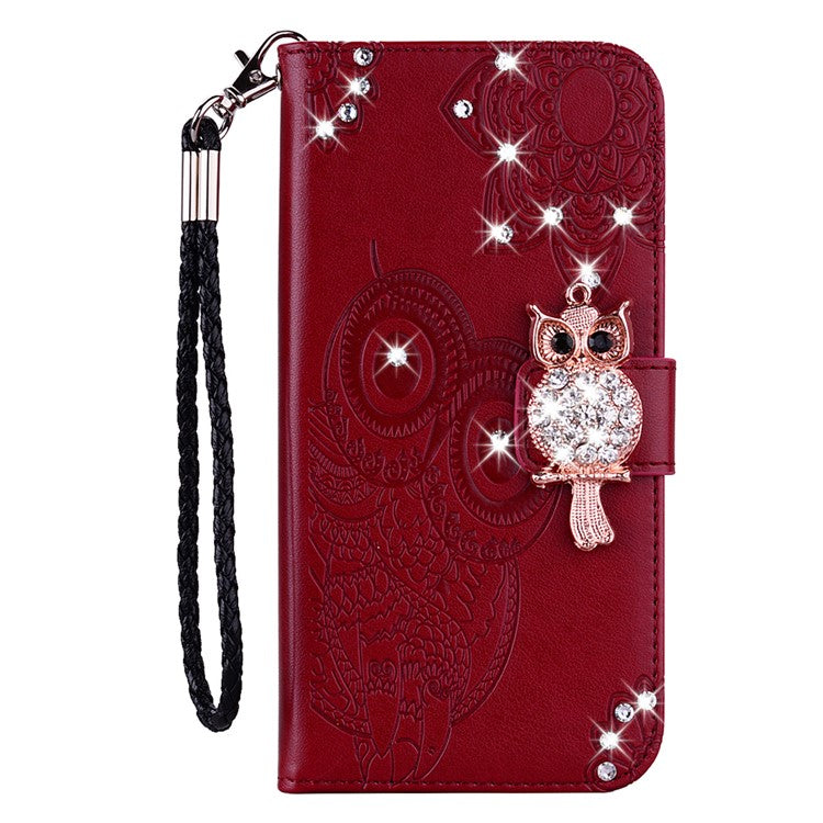 Rhinestone Decor PU Leather Shell Wallet Stand Owl Flower Imprinting Phone Case Cover with Strap for Motorola Moto G31 4G/G41 4G - Red