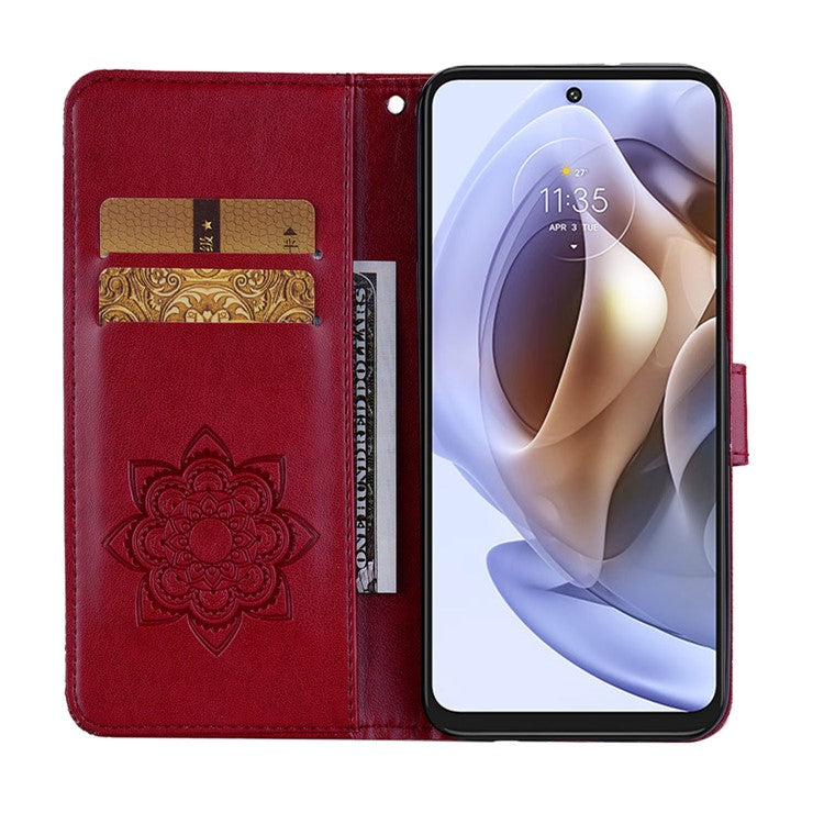 Rhinestone Decor PU Leather Shell Wallet Stand Owl Flower Imprinting Phone Case Cover with Strap for Motorola Moto G31 4G/G41 4G - Red