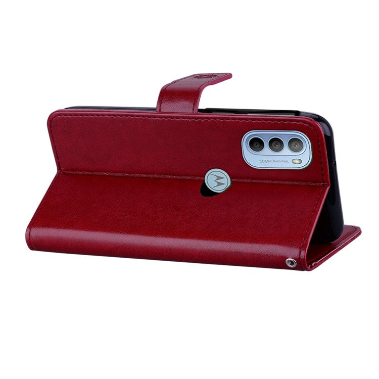 Rhinestone Decor PU Leather Shell Wallet Stand Owl Flower Imprinting Phone Case Cover with Strap for Motorola Moto G31 4G/G41 4G - Red