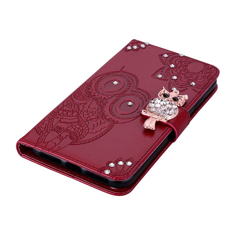 Rhinestone Decor PU Leather Shell Wallet Stand Owl Flower Imprinting Phone Case Cover with Strap for Motorola Moto G31 4G/G41 4G - Red