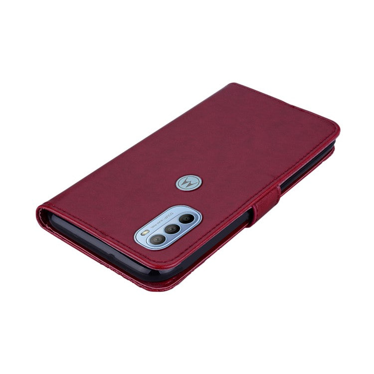 Rhinestone Decor PU Leather Shell Wallet Stand Owl Flower Imprinting Phone Case Cover with Strap for Motorola Moto G31 4G/G41 4G - Red