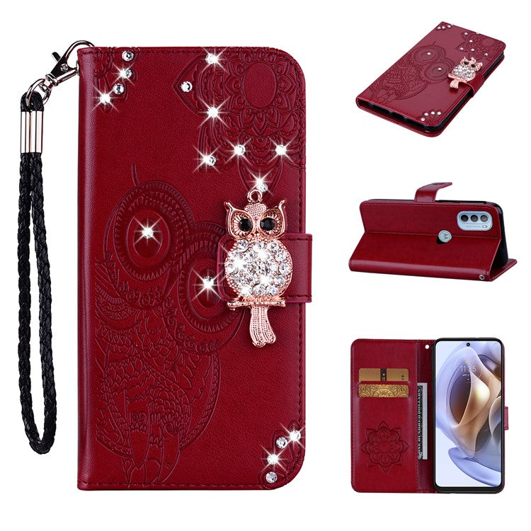 Rhinestone Decor PU Leather Shell Wallet Stand Owl Flower Imprinting Phone Case Cover with Strap for Motorola Moto G31 4G/G41 4G - Red