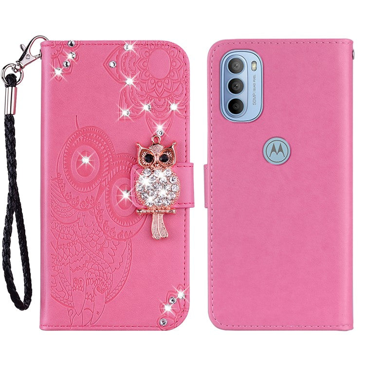 Rhinestone Decor PU Leather Shell Wallet Stand Owl Flower Imprinting Phone Case Cover with Strap for Motorola Moto G31 4G/G41 4G - Rose