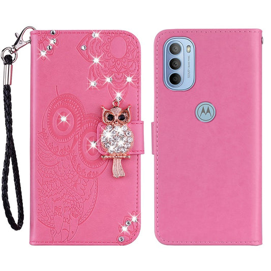 Rhinestone Decor PU Leather Shell Wallet Stand Owl Flower Imprinting Phone Case Cover with Strap for Motorola Moto G31 4G/G41 4G - Rose