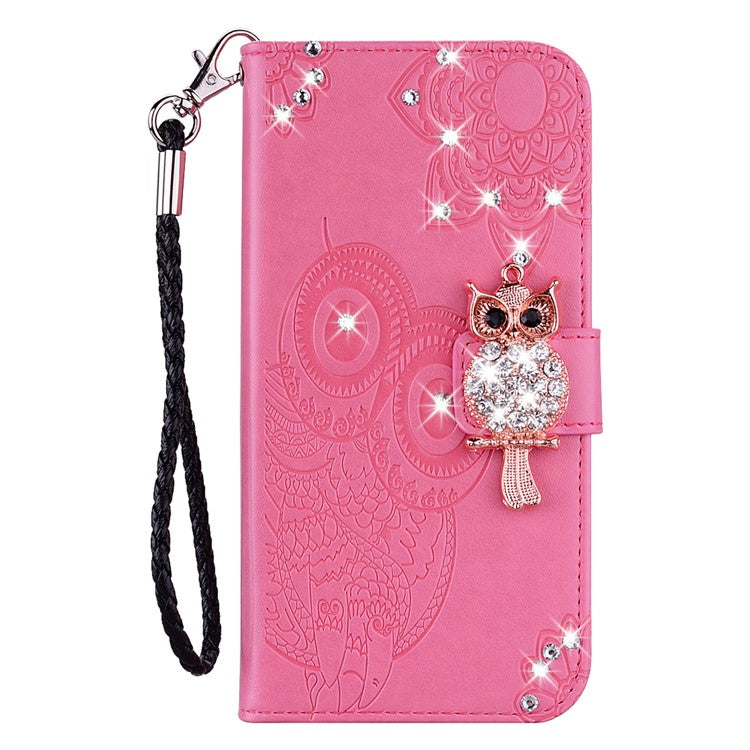 Rhinestone Decor PU Leather Shell Wallet Stand Owl Flower Imprinting Phone Case Cover with Strap for Motorola Moto G31 4G/G41 4G - Rose