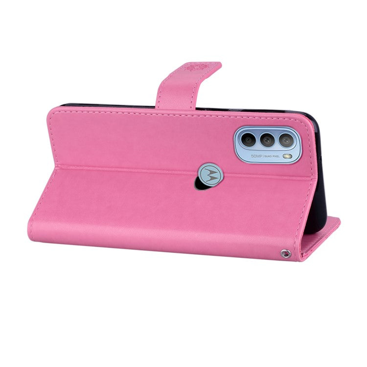 Rhinestone Decor PU Leather Shell Wallet Stand Owl Flower Imprinting Phone Case Cover with Strap for Motorola Moto G31 4G/G41 4G - Rose