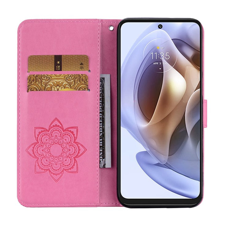 Rhinestone Decor PU Leather Shell Wallet Stand Owl Flower Imprinting Phone Case Cover with Strap for Motorola Moto G31 4G/G41 4G - Rose