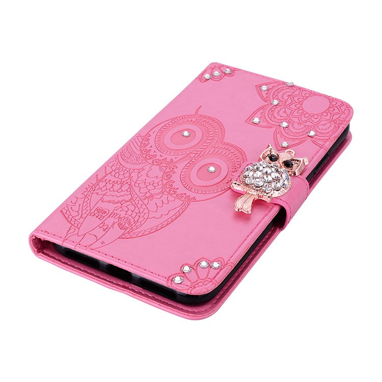 Rhinestone Decor PU Leather Shell Wallet Stand Owl Flower Imprinting Phone Case Cover with Strap for Motorola Moto G31 4G/G41 4G - Rose