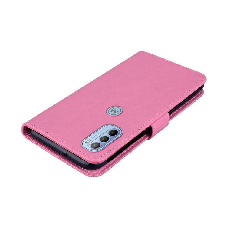 Rhinestone Decor PU Leather Shell Wallet Stand Owl Flower Imprinting Phone Case Cover with Strap for Motorola Moto G31 4G/G41 4G - Rose