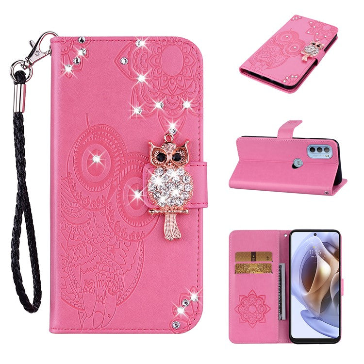 Rhinestone Decor PU Leather Shell Wallet Stand Owl Flower Imprinting Phone Case Cover with Strap for Motorola Moto G31 4G/G41 4G - Rose
