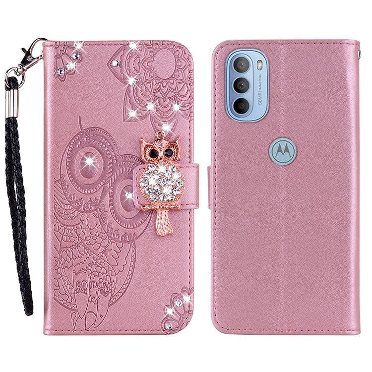 Rhinestone Decor PU Leather Shell Wallet Stand Owl Flower Imprinting Phone Case Cover with Strap for Motorola Moto G31 4G/G41 4G - Rose Gold