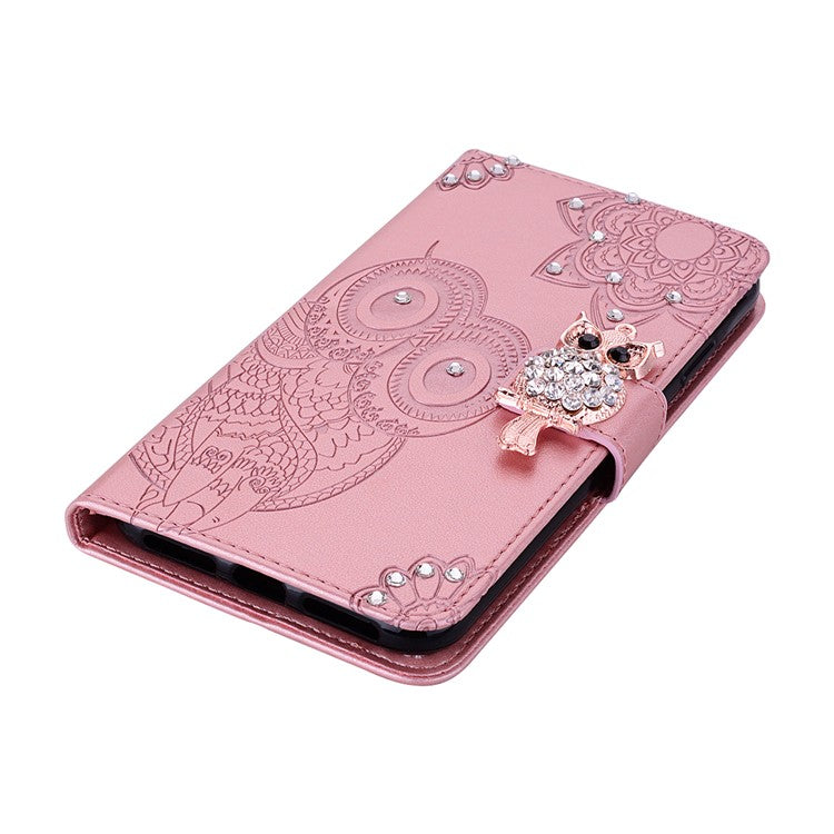 Rhinestone Decor PU Leather Shell Wallet Stand Owl Flower Imprinting Phone Case Cover with Strap for Motorola Moto G31 4G/G41 4G - Rose Gold