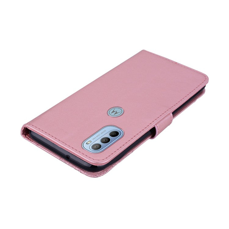 Rhinestone Decor PU Leather Shell Wallet Stand Owl Flower Imprinting Phone Case Cover with Strap for Motorola Moto G31 4G/G41 4G - Rose Gold