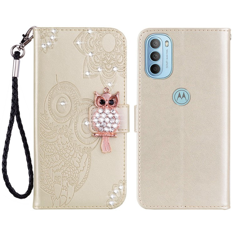 Rhinestone Decor PU Leather Shell Wallet Stand Owl Flower Imprinting Phone Case Cover with Strap for Motorola Moto G31 4G/G41 4G - Gold