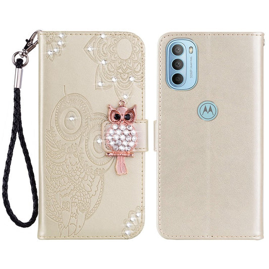 Rhinestone Decor PU Leather Shell Wallet Stand Owl Flower Imprinting Phone Case Cover with Strap for Motorola Moto G31 4G/G41 4G - Gold