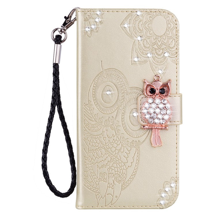 Rhinestone Decor PU Leather Shell Wallet Stand Owl Flower Imprinting Phone Case Cover with Strap for Motorola Moto G31 4G/G41 4G - Gold