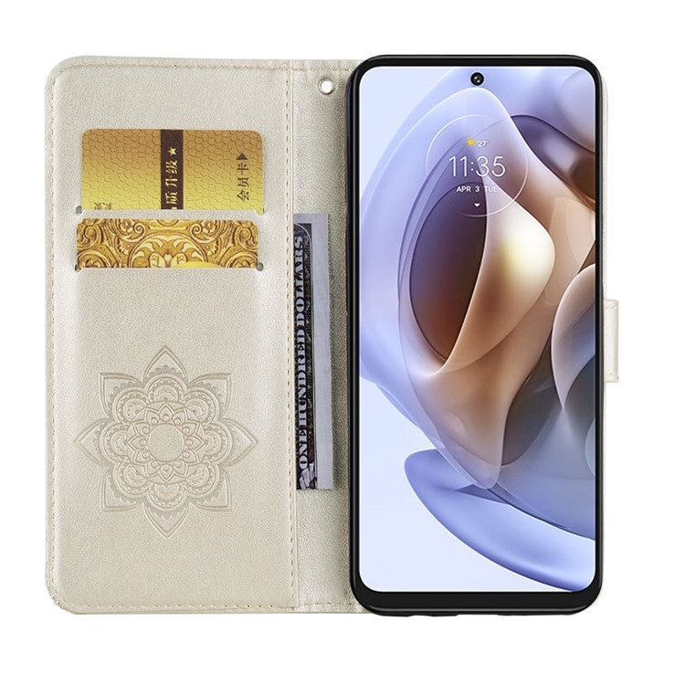 Rhinestone Decor PU Leather Shell Wallet Stand Owl Flower Imprinting Phone Case Cover with Strap for Motorola Moto G31 4G/G41 4G - Gold