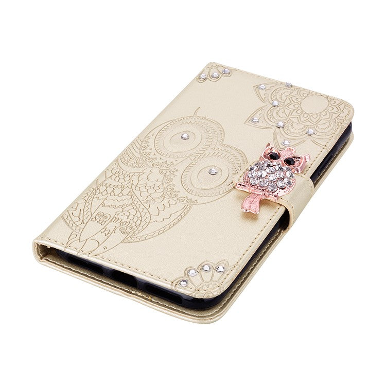 Rhinestone Decor PU Leather Shell Wallet Stand Owl Flower Imprinting Phone Case Cover with Strap for Motorola Moto G31 4G/G41 4G - Gold