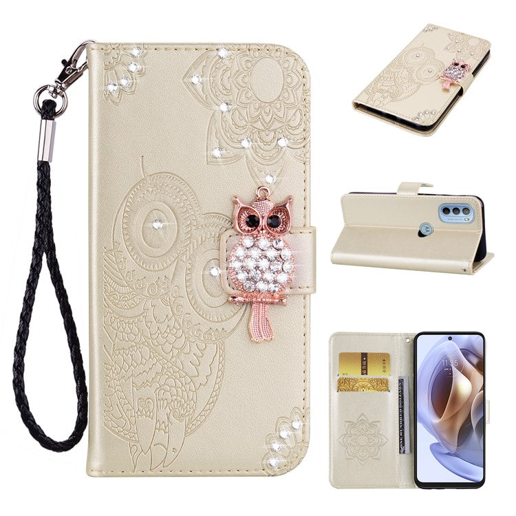Rhinestone Decor PU Leather Shell Wallet Stand Owl Flower Imprinting Phone Case Cover with Strap for Motorola Moto G31 4G/G41 4G - Gold