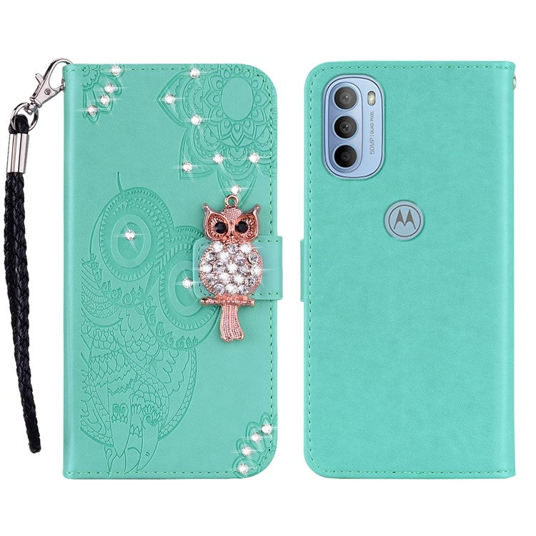 Rhinestone Decor PU Leather Shell Wallet Stand Owl Flower Imprinting Phone Case Cover with Strap for Motorola Moto G31 4G/G41 4G - Cyan