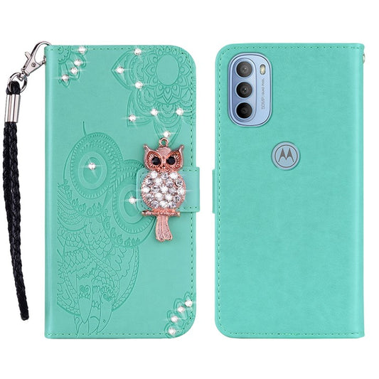 Rhinestone Decor PU Leather Shell Wallet Stand Owl Flower Imprinting Phone Case Cover with Strap for Motorola Moto G31 4G/G41 4G - Cyan