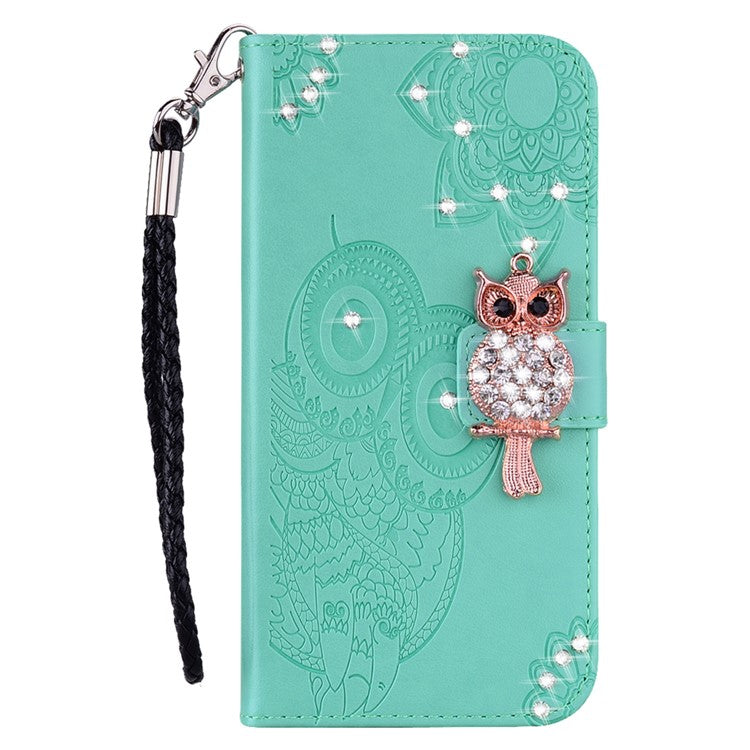 Rhinestone Decor PU Leather Shell Wallet Stand Owl Flower Imprinting Phone Case Cover with Strap for Motorola Moto G31 4G/G41 4G - Cyan