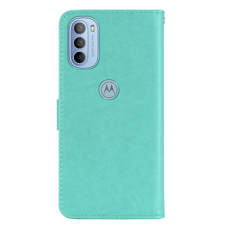Rhinestone Decor PU Leather Shell Wallet Stand Owl Flower Imprinting Phone Case Cover with Strap for Motorola Moto G31 4G/G41 4G - Cyan