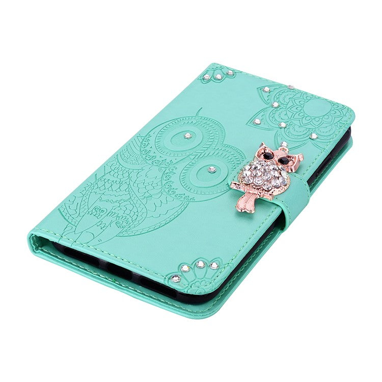 Rhinestone Decor PU Leather Shell Wallet Stand Owl Flower Imprinting Phone Case Cover with Strap for Motorola Moto G31 4G/G41 4G - Cyan