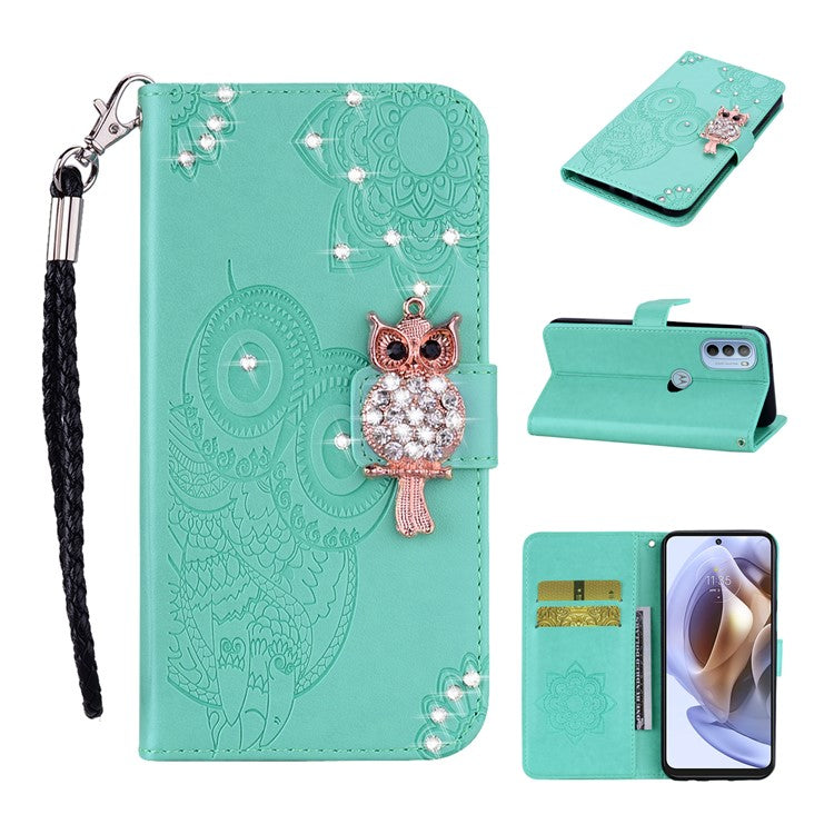 Rhinestone Decor PU Leather Shell Wallet Stand Owl Flower Imprinting Phone Case Cover with Strap for Motorola Moto G31 4G/G41 4G - Cyan