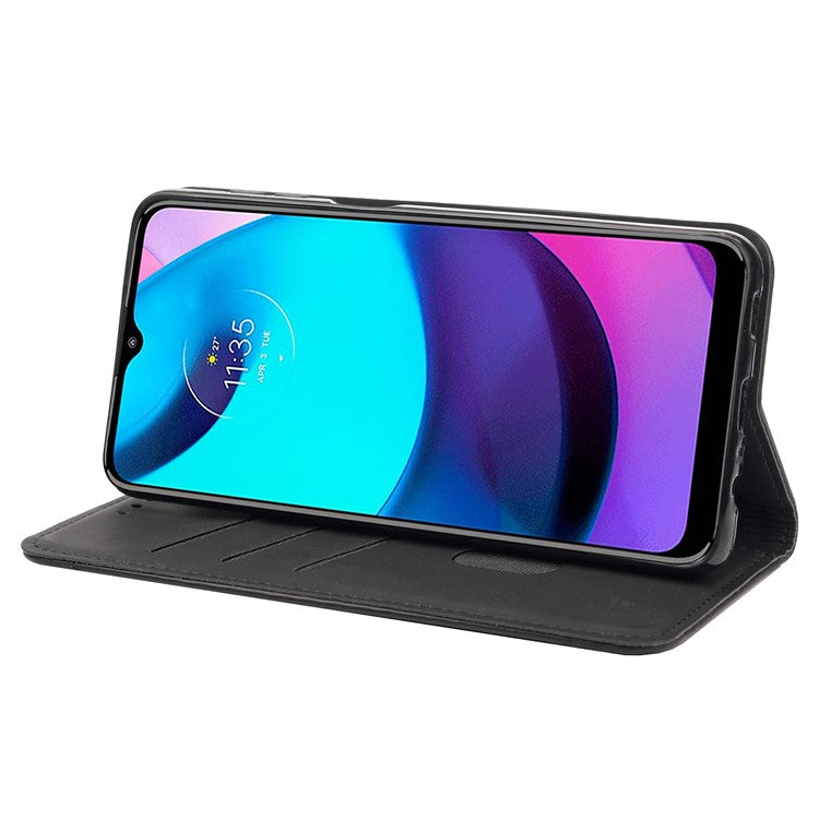 Skin-touch Splicing Stand Wallet Design PU Leather Cover Inner TPU Phone Case for Motorola Moto E20/E30/E40 - Black
