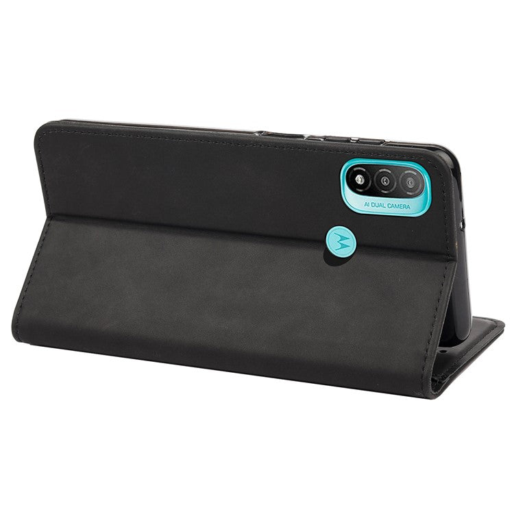 Skin-touch Splicing Stand Wallet Design PU Leather Cover Inner TPU Phone Case for Motorola Moto E20/E30/E40 - Black