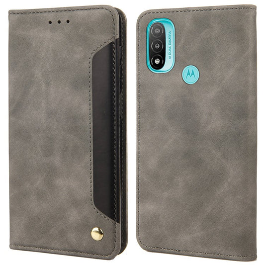 Skin-touch Splicing Stand Wallet Design PU Leather Cover Inner TPU Phone Case for Motorola Moto E20/E30/E40 - Grey