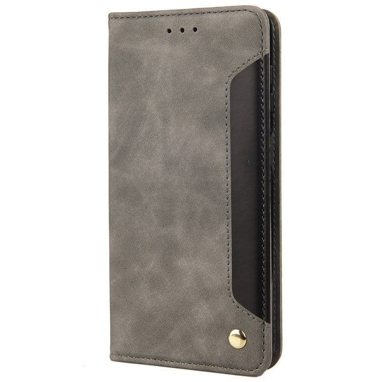 Skin-touch Splicing Stand Wallet Design PU Leather Cover Inner TPU Phone Case for Motorola Moto E20/E30/E40 - Grey