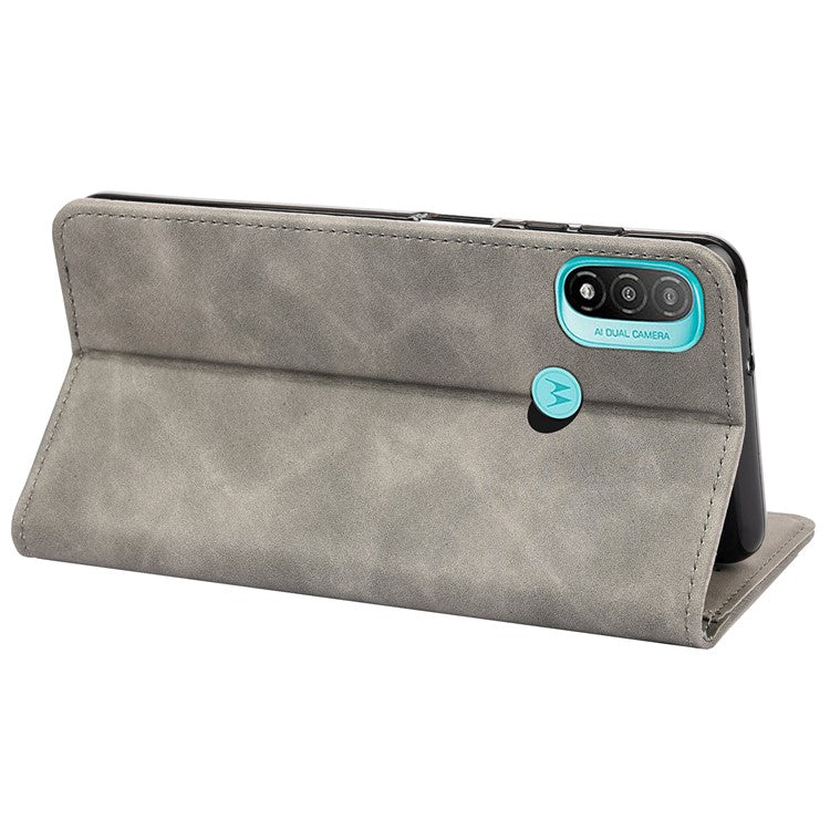 Skin-touch Splicing Stand Wallet Design PU Leather Cover Inner TPU Phone Case for Motorola Moto E20/E30/E40 - Grey