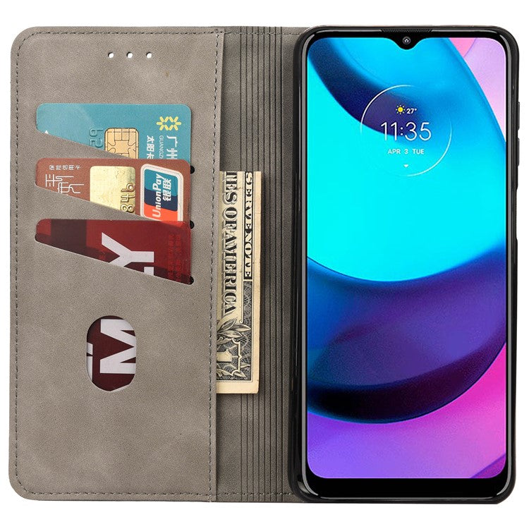 Skin-touch Splicing Stand Wallet Design PU Leather Cover Inner TPU Phone Case for Motorola Moto E20/E30/E40 - Grey