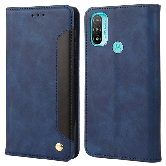 Skin-touch Splicing Stand Wallet Design PU Leather Cover Inner TPU Phone Case for Motorola Moto E20/E30/E40 - Blue