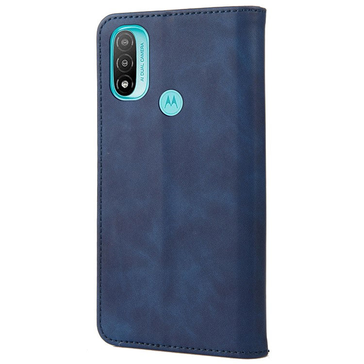 Skin-touch Splicing Stand Wallet Design PU Leather Cover Inner TPU Phone Case for Motorola Moto E20/E30/E40 - Blue