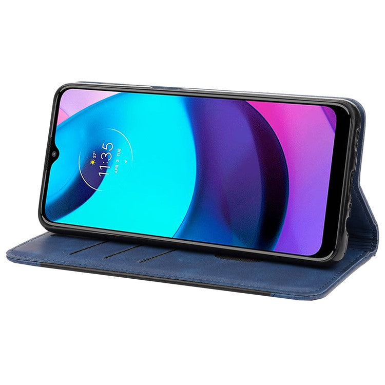 Skin-touch Splicing Stand Wallet Design PU Leather Cover Inner TPU Phone Case for Motorola Moto E20/E30/E40 - Blue