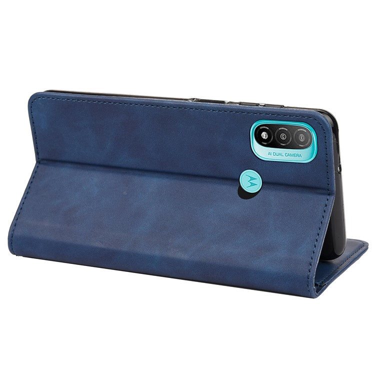 Skin-touch Splicing Stand Wallet Design PU Leather Cover Inner TPU Phone Case for Motorola Moto E20/E30/E40 - Blue