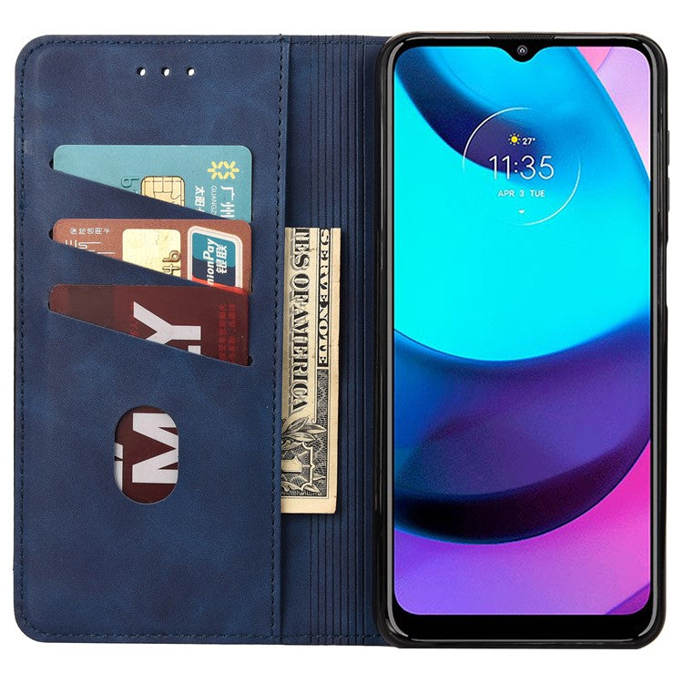 Skin-touch Splicing Stand Wallet Design PU Leather Cover Inner TPU Phone Case for Motorola Moto E20/E30/E40 - Blue