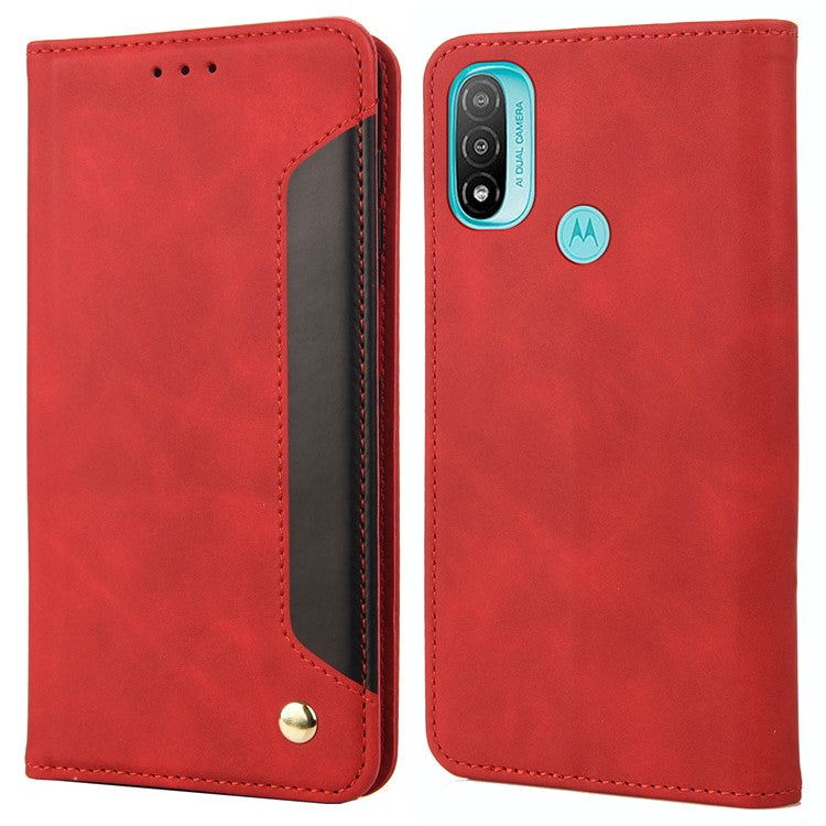 Skin-touch Splicing Stand Wallet Design PU Leather Cover Inner TPU Phone Case for Motorola Moto E20/E30/E40 - Red