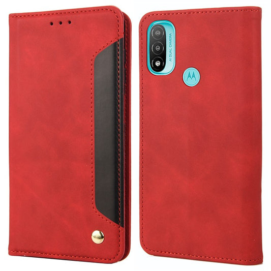 Skin-touch Splicing Stand Wallet Design PU Leather Cover Inner TPU Phone Case for Motorola Moto E20/E30/E40 - Red