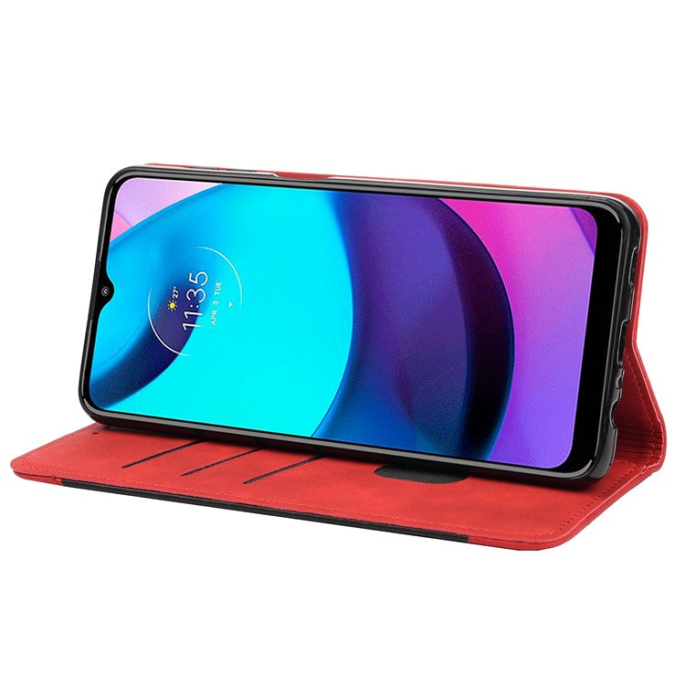 Skin-touch Splicing Stand Wallet Design PU Leather Cover Inner TPU Phone Case for Motorola Moto E20/E30/E40 - Red
